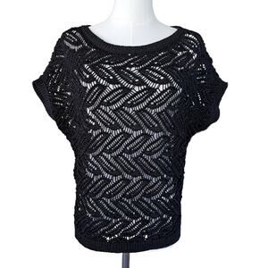 White House Black Market Crochet Top Small Black Open Knit Chevron Sweater Boho